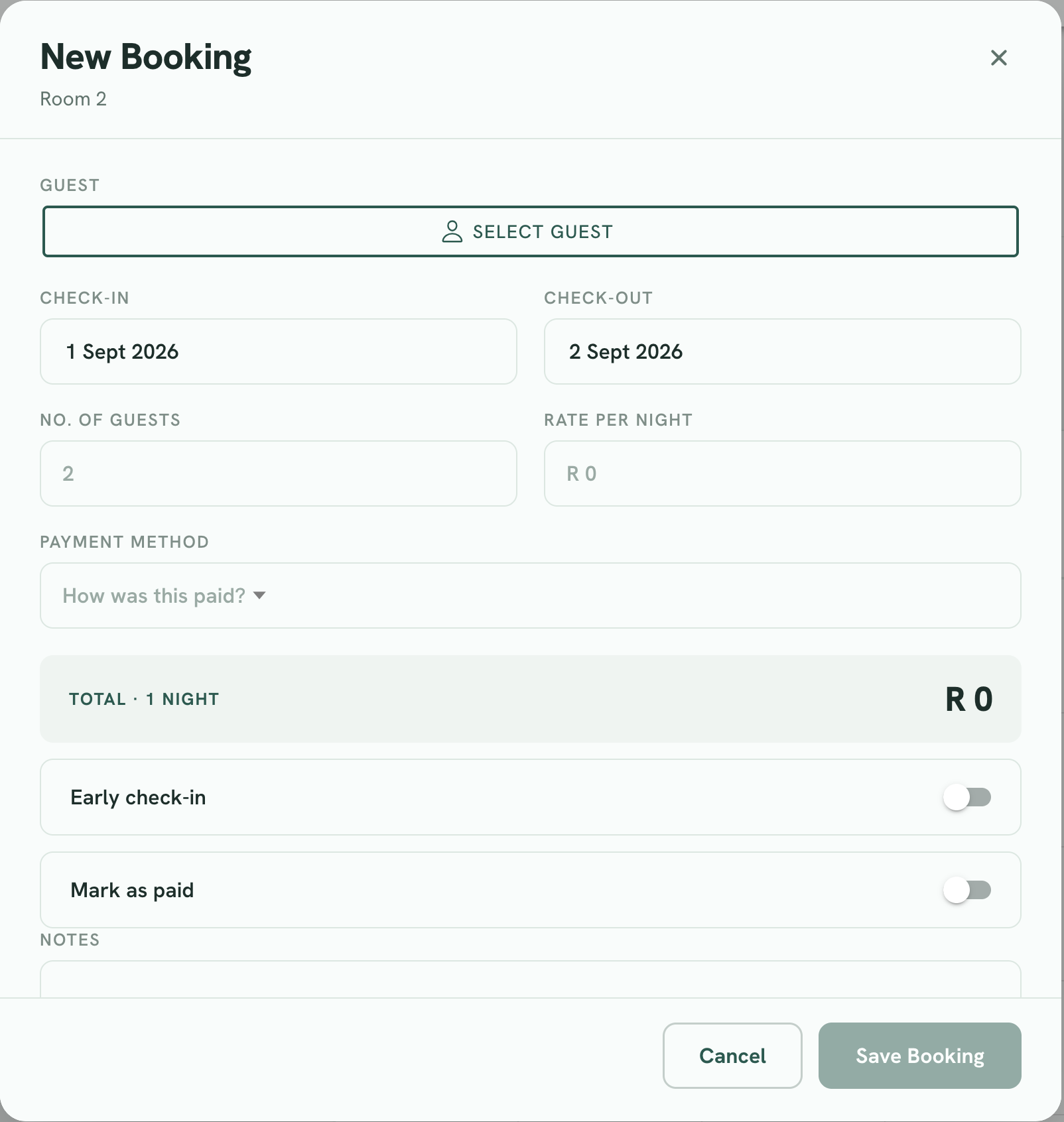 The GHM Suite booking form, showing fields for the guest, check-in and check-out dates, number of guests, rate per night and payment method, above a Total line reading one night at R 0.